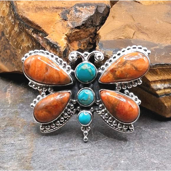 other Jewelry - Southwestern Turquoise Spiny Oyster Ring Size 6-9 Butterfly Sterling Silver